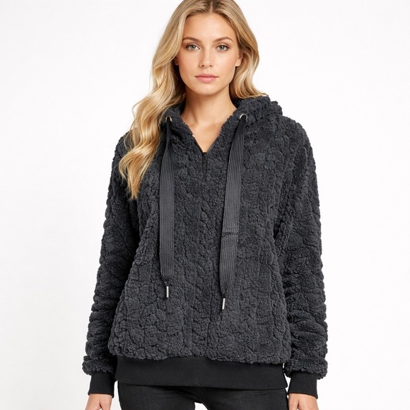 Reachme Tops - ReachMe Sherpa Fleece Hoodie Pullover Quarter Zip Black Cozy Size M New With Tag